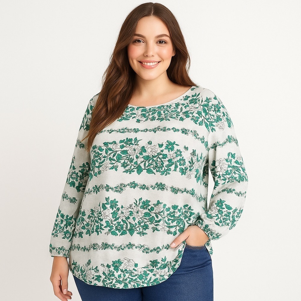 Lane Bryant Rayon Nylon Floral Blouse Boho Lagenlook Plus Size 30/32 white green